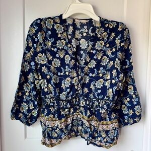 Mi Ami Navy Floral Peplum Blouse Medium V-Neck 3/4 Sleeve Boho Chic Top